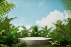 AI generated empty concrete podium on green grass with tropical forest plant blur cloud blue sky background with space.organic healthy product present natural placement pedestal display. photo