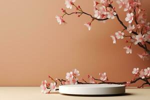 AI generated Product display podium with blossom flowers on brown background. generative ai. photo