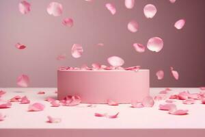 AI generated Pink product podium placement on solid background with rose petals falling. Luxury premium beauty, fashion, cosmetic and spa gift stand presentation. Valentine day present showcase. photo