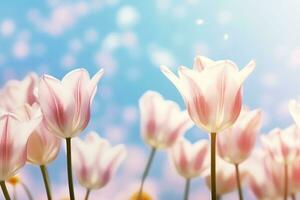 AI generated beautiful blooming tulip field on abstract blue sky in springtime, floral concept. generative ai. photo