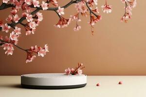 AI generated Product display podium with blossom flowers on brown background. generative ai. photo