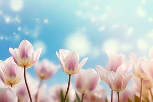 AI generated beautiful blooming tulip field on abstract blue sky in springtime, floral concept. generative ai. photo