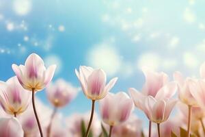 AI generated beautiful blooming tulip field on abstract blue sky in springtime, floral concept. generative ai. photo