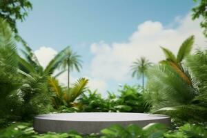 AI generated empty concrete podium on green grass with tropical forest plant blur cloud blue sky background with space.organic healthy product present natural placement pedestal display. photo