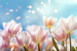 ai generado hermosa floreciente tulipán campo en resumen azul cielo en primavera, floral concepto. generativo ai. foto