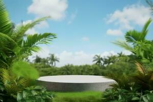 AI generated empty concrete podium on green grass with tropical forest plant blur cloud blue sky background with space.organic healthy product present natural placement pedestal display. photo