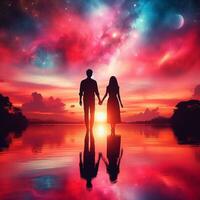 AI generated Silhouetted Love Couple Against the City Sunset photo