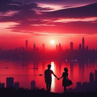 AI generated Silhouetted Love Couple Against the City Sunset photo