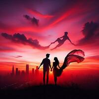 AI generated Silhouetted Love Couple Against the City Sunset photo