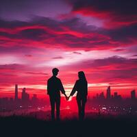 ai generado silueta amor Pareja en contra el ciudad puesta de sol foto