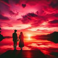 AI generated Silhouetted Love Couple Against the City Sunset photo