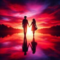 AI generated Silhouetted Love Couple Against the City Sunset photo