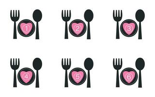 plato parte número símbolo con corazón icono, tenedor, cuchara y lámina. vector