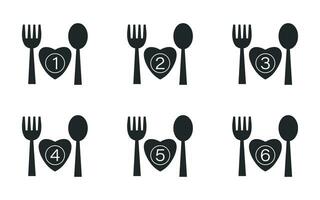 Dish portion number symbol with heart icon, fork and spoon. vector