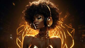 ai generado un afro hermosa mujer en oro con un auriculares foto
