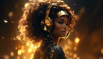 ai generado un afro hermosa mujer en oro con un auriculares foto