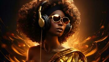 ai generado un afro hermosa mujer en oro con un auriculares foto