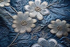 AI generated Close up detail of blue fabric with floral pattern. Selective focus. Toned, Embroidery floral abstract fantasy design on luxury denim blue jeans, AI Generated photo