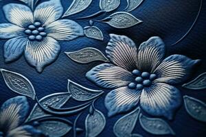 ai generado floral modelo en azul cuero fondo, de cerca macro foto, bordado floral resumen fantasía diseño en lujo mezclilla azul vaqueros, ai generado foto