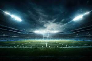 AI generated Soccer stadium at night with lights and grass field 3D rendering, Football field illuminated by stadium lights, AI Generated photo