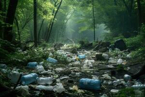 AI generated Plastic trash in the forest. Pollution of environment concept, Garbage pile in the forest among plants, Toxic plastic into nature everywhere, AI Generated photo