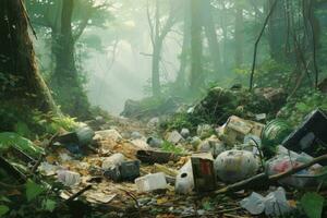 ai generado el plastico basura en el bosque. contaminación de ambiente concepto, basura pila en el bosque entre plantas, tóxico el plastico dentro naturaleza en todos lados, ai generado foto