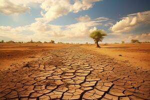 ai generado seco y agrietado tierra con seco árbol en el fondo, Namibia, sequía tierra y caliente clima, ai generado foto