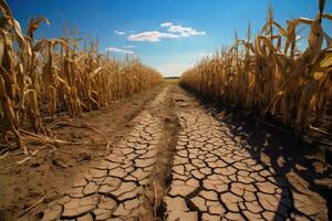 AI generated Dry and cracked corn field in the countryside of Brazil, South America, Drought in a cornfield, AI Generated photo