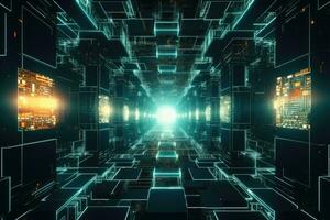AI generated Abstract futuristic technology background. 3D Rendering, 3D illustration, Futuristic Metaverse tunnel with polygon shapes and circuit boards, AI Generated photo