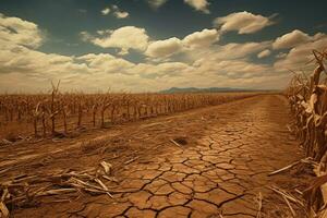 AI generated Dry and cracked earth in the field with blue sky background, Drought in a cornfield, AI Generated photo