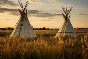 AI generated Teepee in the field at sunset. Vintage style photo, First Nations tipis on the open prairies of North America, AI Generated photo