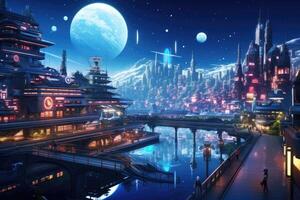 AI generated Futuristic city at night with a full moon in the sky, Futuristic, inspired border town with neon lights on the edge of tranquility, AI Generated photo