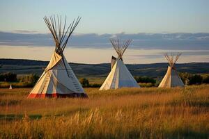 AI generated Tribal indian teepee in the field at sunset, First Nations tipis on the open prairies of North America, AI Generated photo