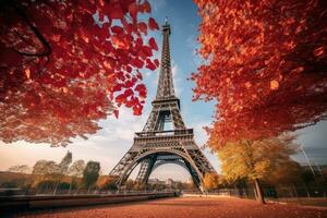 ai generado eiffel torre en París, Francia. hermosa ver de el eiffel torre en otoño, eiffel torre con otoño hojas en París, Francia, ai generado foto