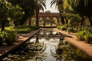 ai generado jardín con estanque y palma arboles en lujo, Egipto, jardines y arboles en el urbano parques de marrakech, Marruecos, ai generado foto