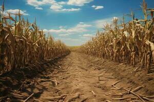 AI generated Dry corn field in the sunset light with blue sky background, Drought in a cornfield, AI Generated photo