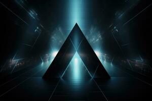 AI generated abstract dark futuristic tunnel with blue lights and reflections 3d rendering, Futuristic, high-tech dark background with a triangular block structure, AI Generated photo