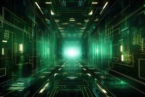 AI generated Futuristic corridor with glowing lights 3D rendering toned image, Futuristic Metaverse tunnel with polygon shapes and circuit boards, AI Generated photo