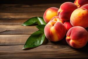 ai generado Fresco duraznos en de madera mesa. sano comida antecedentes con Copiar espacio, Fresco duraznos en un madera fondo, ai generado foto