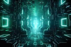 AI generated Dark futuristic corridor with glowing neon lights, 3d rendering abstract background, Futuristic Metaverse tunnel with polygon shapes and circuit boards, AI Generated photo