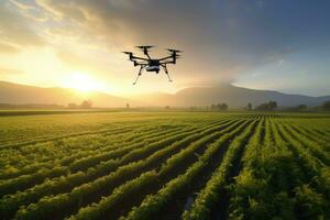 ai generado zumbido volador terminado el agrícola campo a puesta de sol. 3d representación, zumbido analizando agricultores' campos durante amanecer, ai generado foto