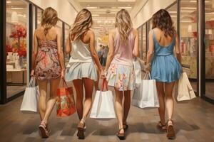 AI generated Shopping in the shopping mall. Beautiful women with shopping bags in the shopping mall, Girls on a shopping spree, AI Generated photo