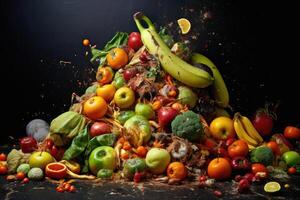 ai generado Fruta y verduras, frutas y vegetales en un negro fondo, comida desperdiciar, ai generado foto