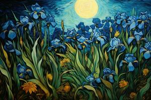 AI generated Illustration of blue irises and yellow dandelions on a background of the full moon, Flower Artwork in the style of Van Gogh, AI Generated photo