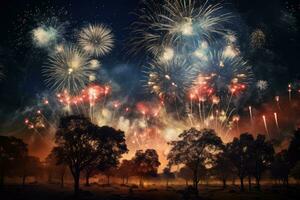 AI generated Beautiful firework display for celebration happy new year and merry christmas, Fireworks lighting up the night sky, AI Generated photo