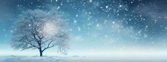 AI generated blue snow falling behind a tree into a blue winter sky background photo