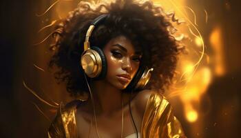 ai generado un afro hermosa mujer en oro con un auriculares foto