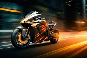 AI generated Motorcycle on the road with motion blur. Concept of speed, EBR racing motorcycle with abstract long exposure dynamic speed light trails in an urban environment city, AI Generated photo