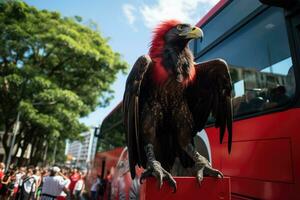 ai generado negro águila en un rojo autobús, flamengo aficionados siguiendo su autobús, un enorme buitre, ai generado foto