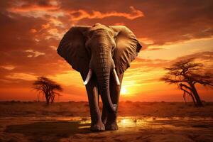 ai generado elefante en el sabana a atardecer, 3d prestar, elefante en contra un puesta de sol fondo, ai generado foto